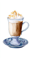 Watercolor painting of a delicious coffee drink with whipped cream in a tall glass mug on a blue saucer, isolated on white