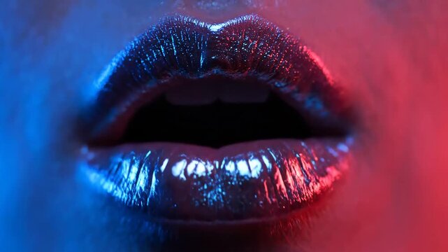 Closeup of female lips and tongue with vibrant neon lighting sensual and expressive.
