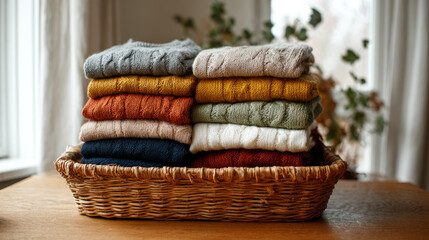 Obraz premium Stack of neatly folded, well-washed cotton towels with textured surface in a wicker basket on wooden table