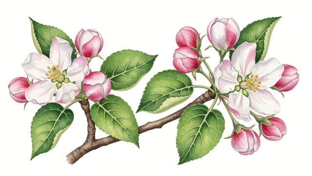 Watercolor Apple Tree Branch Illustration with Green Leaves and Spring Blossoms