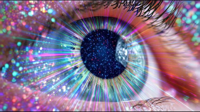 Closeup Eye Iris Animation with Starry Explosion and Colorful Rainbow Rays. Cinematic Close-up of Iris Turning with Abstract Galaxy Effects. Slow Motion, Discovery Concept, Side View Pan Shot Zoom