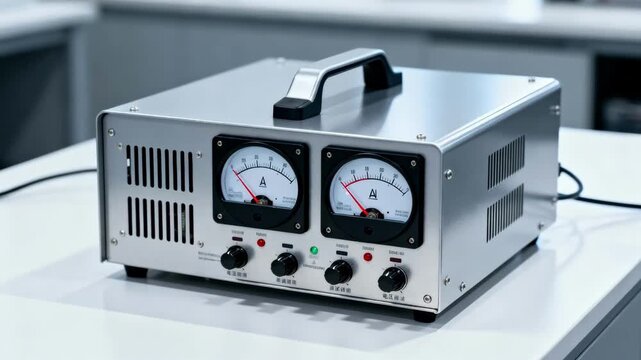 Medium shot highlighting a compact highvoltage test unit with sleek casing and easytoread meters for efficient highpotency electrical testing.
