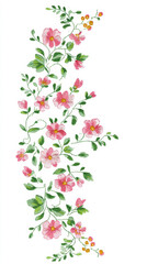 Elegant pink floral border with delicate green leaves, perfect for decorative designs, isolated on white background