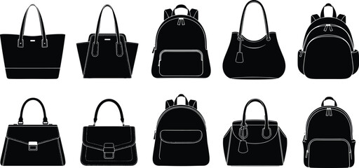 Handbags and backpacks silhouette set, women fashion bags collection, tote shoulder and backpack designs, black vector illustration isolated on white background