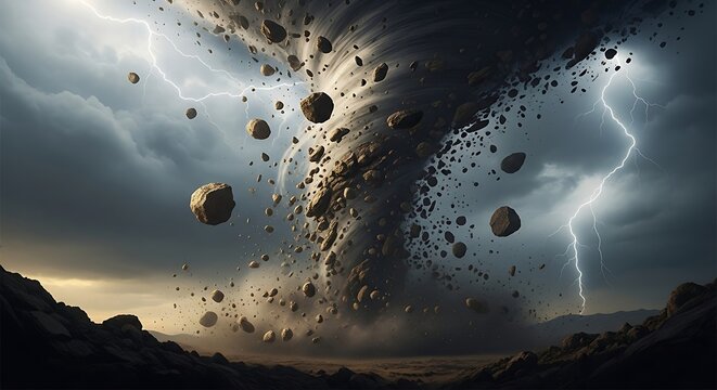 Unleashing Nature's Fury: A colossal tornado churns violently amidst a dramatic sky filled with ominous clouds, lightning streaks, and scattered debris.