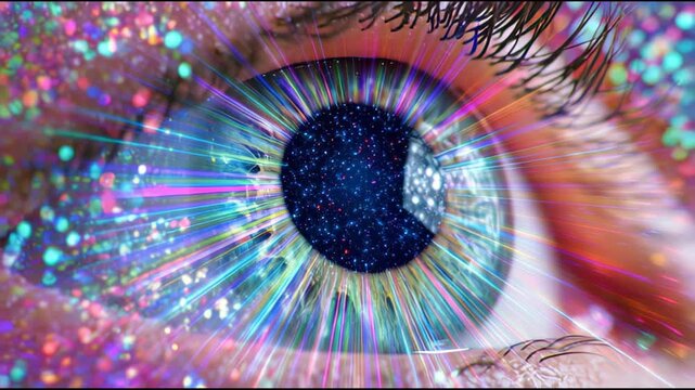 Macro Eye Iris Animation with Starry Explosion and Colorful Rainbow Rays. Cinematic Close-up of Iris Turning with Abstract Galaxy Effects. Slow Motion, Discovery Concept, Side View Pan Shot Zoom