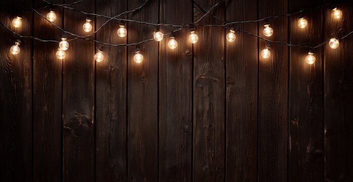 dark wooden background with a garland of light bulbs, a photo backdrop for a party or celebration Generative AI