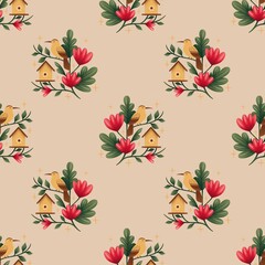 Seamless Floral Pattern with Birdhouse and Spring Flowers