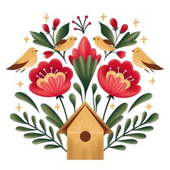 Folk Floral Illustration with Birds and Birdhouse
