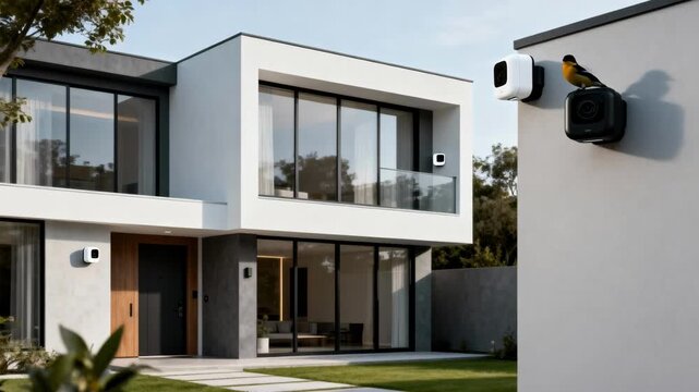 Exterior medium shot of a contemporary residence highlighting multiple smart home cameras positioned around the perimeter for enhanced safety and remote access.
