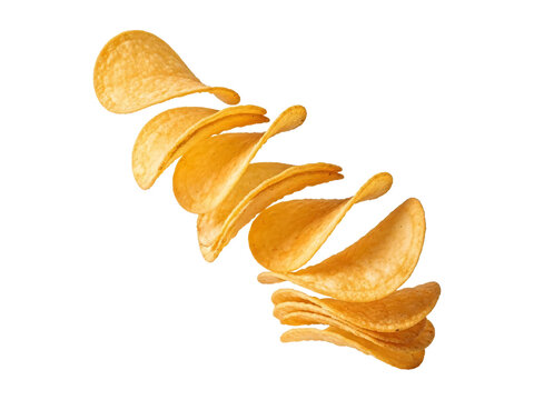 Golden Potato Chips Floating and Stacked Snack Presentation