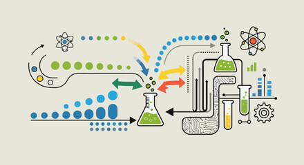 Naklejka premium Scientific process illustration with beakers, arrows, and data flow.