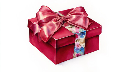 Fototapeta premium Elegant red gift box with a satin bow and floral accent ribbon, perfect for celebrations, isolated on white background