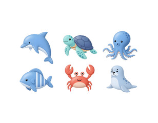 Adorable Marine Animals Icon Set Dolphin, Turtle, Octopus, Fish, Crab, and Seal Collection