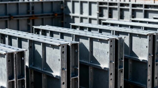 Medium shot focusing on steel formwork panels set up onsite capturing the rigidity and modular design against a blurred construction background.