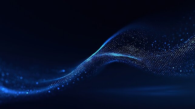 Elegant glowing blue particle ribbon wave on dark background for technology and corporate design
