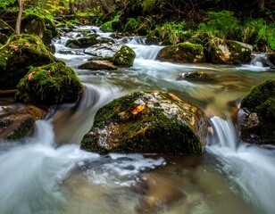 Flowing water in a stream, surrounded by mossy rocks and lush greenery