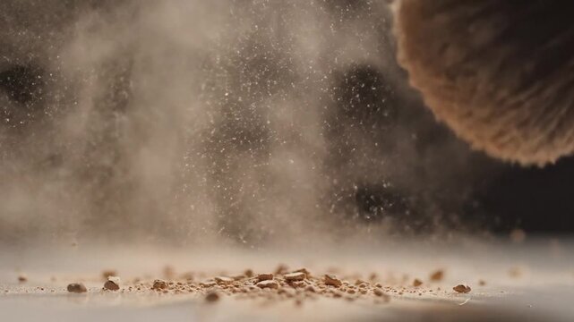 Dynamic powder burst from soft brush on reflective surface abstract