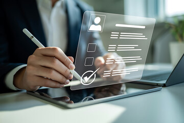 Person using a stylus on a tablet to interact with a digital interface and checklist