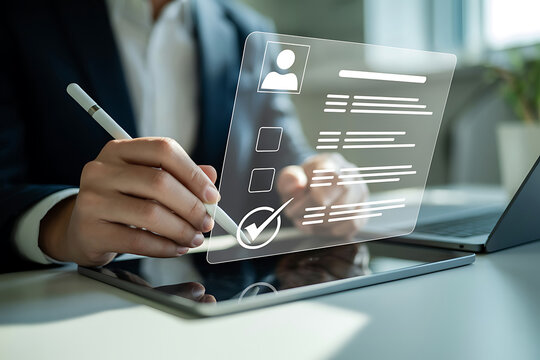 Person using a stylus on a tablet to interact with a digital interface and checklist