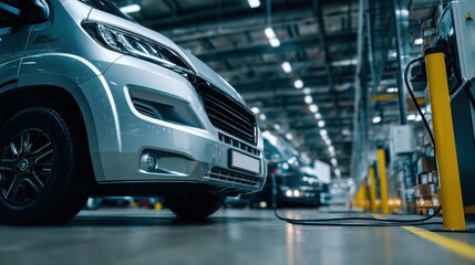 Obraz premium Medium shot capturing an electric delivery van plugged into a charging station main vehicle in crisp focus with an industrial warehouse softly blurred behind emphasizing