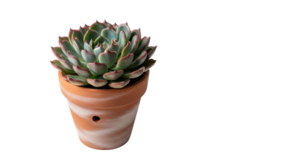 Green succulent plant with pink edges in a terracotta pot on black background image, Isolated On Png Transparent Background