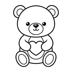 Cute teddy bear holding heart line art illustration, adorable animal love icon, simple black outline vector for Valentine, kids design, sticker and coloring page