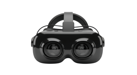 Black virtual reality headset with grey strap on black background goggles, Isolated On Png Transparent Background