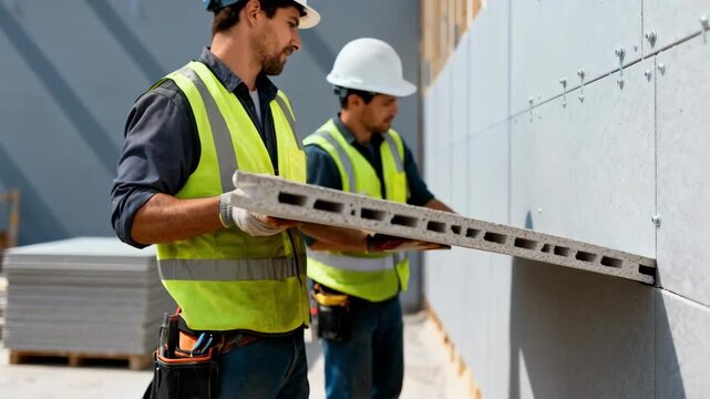 Medium shot highlighting lightweight fiber cement boards easily handled by construction workers for quick efficient cladding application.