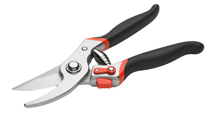 Obraz premium Black handled pruning shears with red accents on black background secateurs garden, Isolated On Png Transparent Background