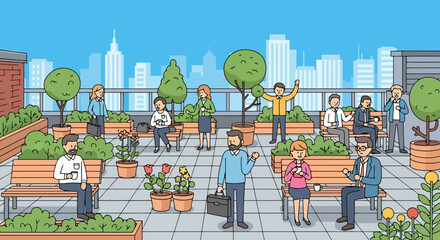 Diverse group of people enjoying a vibrant rooftop garden.