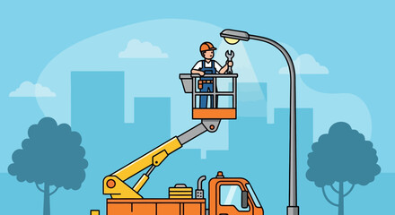 Electrician repairing street light from a boom lift truck.