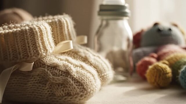 Cozy knitted baby booties with bottle and soft toy for newborn comfort
