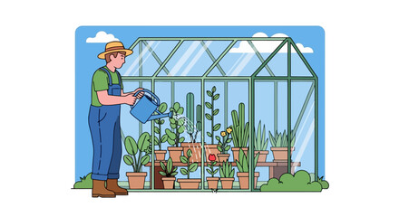 Gardener watering plants in a greenhouse, cultivating and caring for his garden.