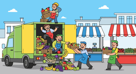 Group of people unloading fresh produce from a delivery truck at a market.