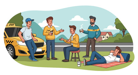 Group of taxi drivers relaxing and socializing outdoors near a yellow taxi.