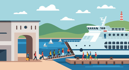 People boarding a large ferry boat at a bustling port.