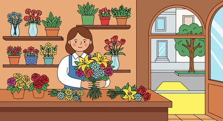 Smiling female florist arranging a beautiful bouquet of fresh flowers.