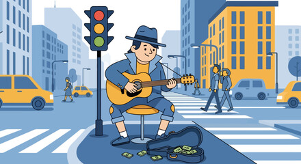 Street Musician Playing Guitar for Tips.