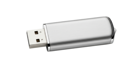 Brushed silver U S B flash drive with metallic sheen on black background storage memory, Isolated On Png Transparent Background