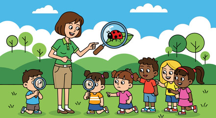 Teacher and diverse group of children exploring nature with magnifying glasses.