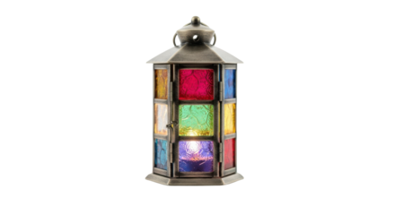 Ornate antique lantern with stained glass panels and internal light source image, Isolated On Png Transparent Background