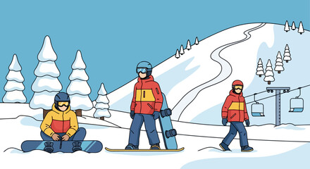 Three snowboarders in winter gear on a snowy mountain slope.