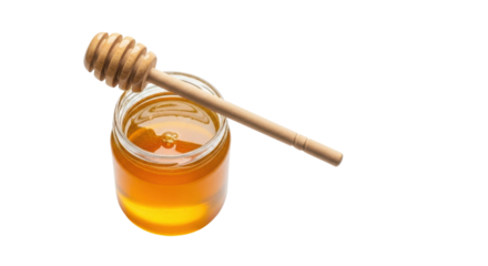 Golden honey in glass jar with wooden dipper against black background image, Isolated On Png Transparent Background
