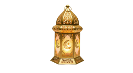 Ornate golden Islamic lantern with crescent moon and star designs illuminated Ramadan, Isolated On Png Transparent Background