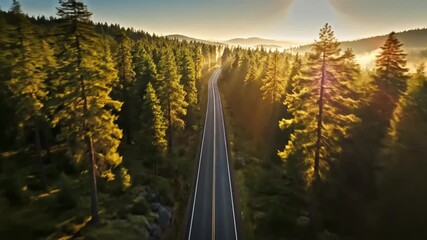 Aerial view of a winding road cutting through a forest. Golden sunlight bathes the trees
