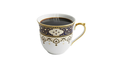 White porcelain cup with ornate blue and gold pattern filled with dark coffee image, Isolated On Png Transparent Background