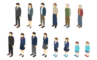 アイソメトリックイラスト：いろんな世代の人々