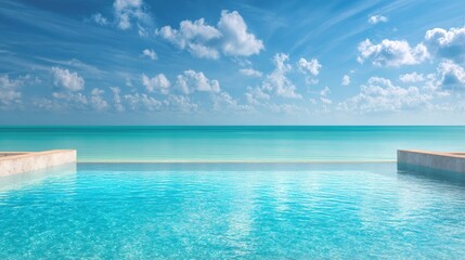 Fototapeta premium Luxury Infinity Pool Blends With Ocean Horizon Under Wide Blue Sky in Tropical Location During Bright Day