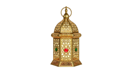 Ornate golden Moroccan lantern with red and green gem accents brass, Isolated On Png Transparent Background